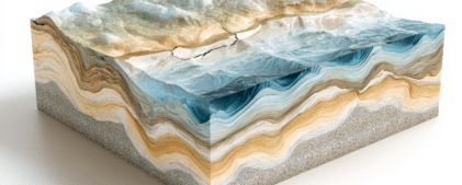 A 3D cross-section model of layered geological strata, showing mountains, faults, and sedimentary rock layers in various earth tones.