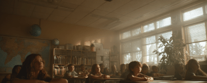 Children sit at desks in a classroom with sunlight streaming through the windows, shelves of books, a world map, and a potted plant visible in the background.