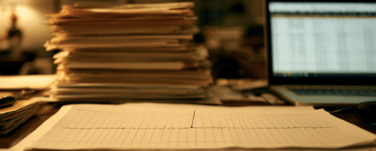 A desk with a large stack of papers, an open laptop displaying a spreadsheet about ShakeAlert funding cuts, and lined paper with a simple graph drawn on it in the foreground.