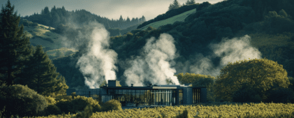 A modern house with large windows emits smoke from multiple chimneys, nestled among lush green hills and dense vegetation near Geysers under a cloudy sky, where an earthquake ShakeAlert system ensures safety.